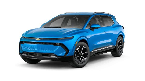 Blue Chevrolet electric SUV with sleek design and black alloy wheels, viewed from the front-left angle.