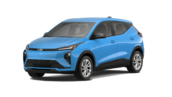 Blue electric Chevrolet SUV with sleek design and modern features, front side view.